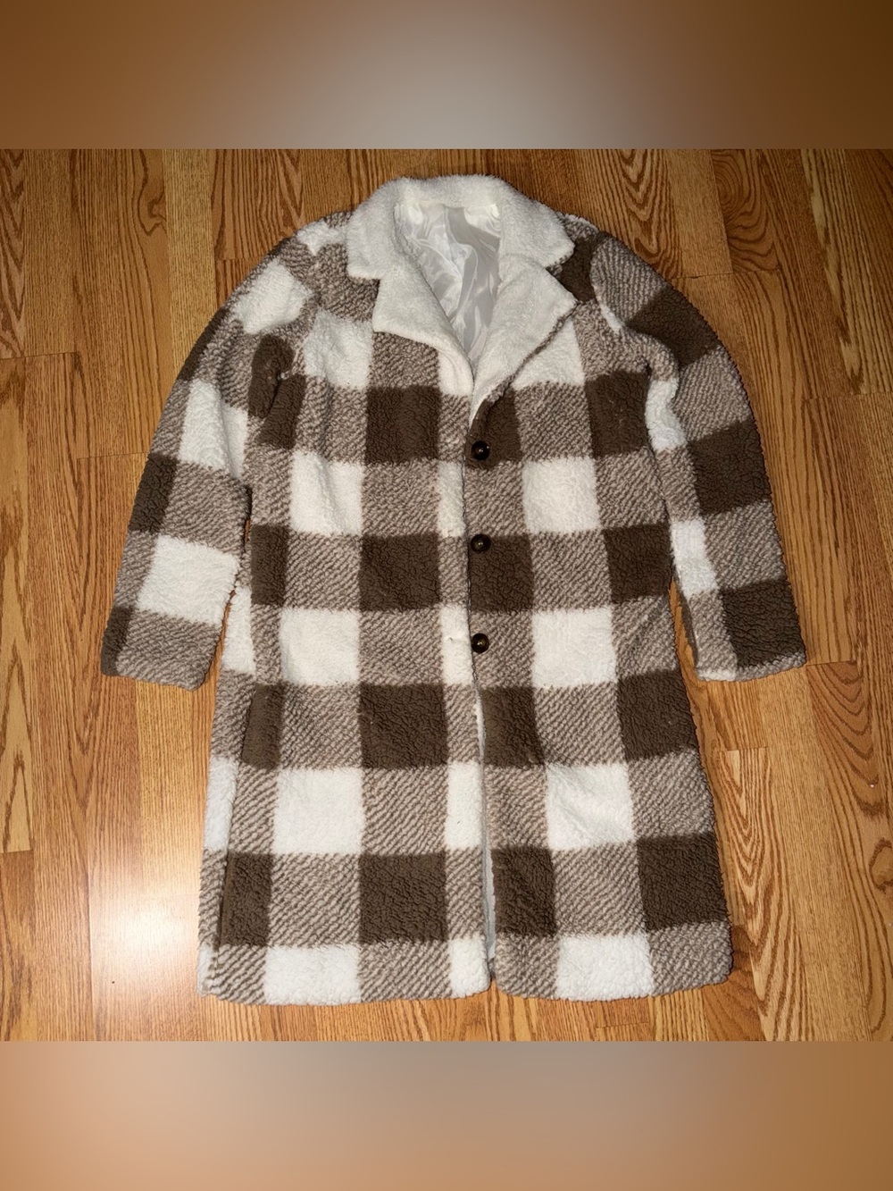SHEIN Brown and White Plaid Teddy Coat